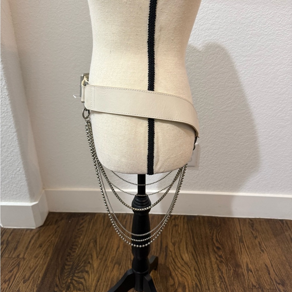 Free People White Leather Diamonte Chain Belt Distressed NEW NWOT - Picture 6 of 11